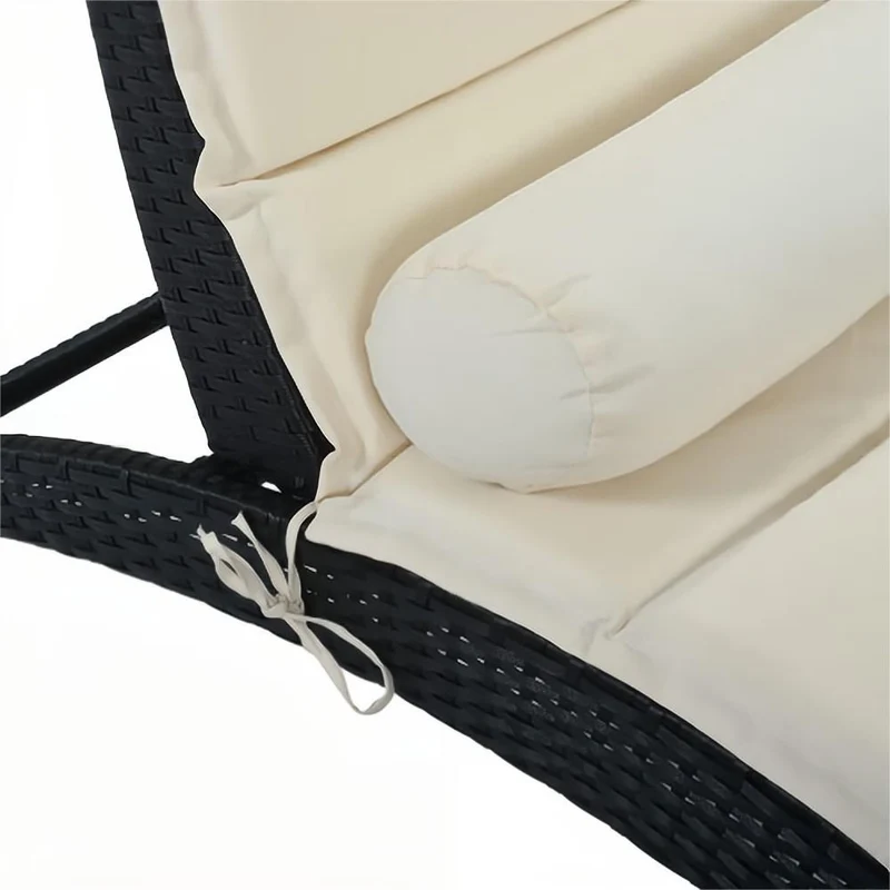 Black Wicker Outdoor Patio Sun Foldable Chaise Lounger with Beige Removable Cushion and Pillow
