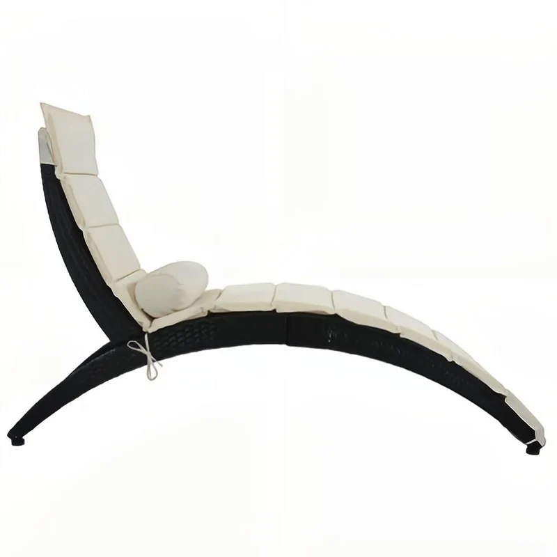 Black Wicker Outdoor Patio Sun Foldable Chaise Lounger with Beige Removable Cushion and Pillow