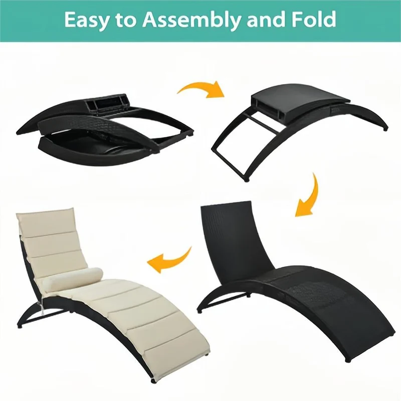Black Wicker Outdoor Patio Sun Foldable Chaise Lounger with Beige Removable Cushion and Pillow