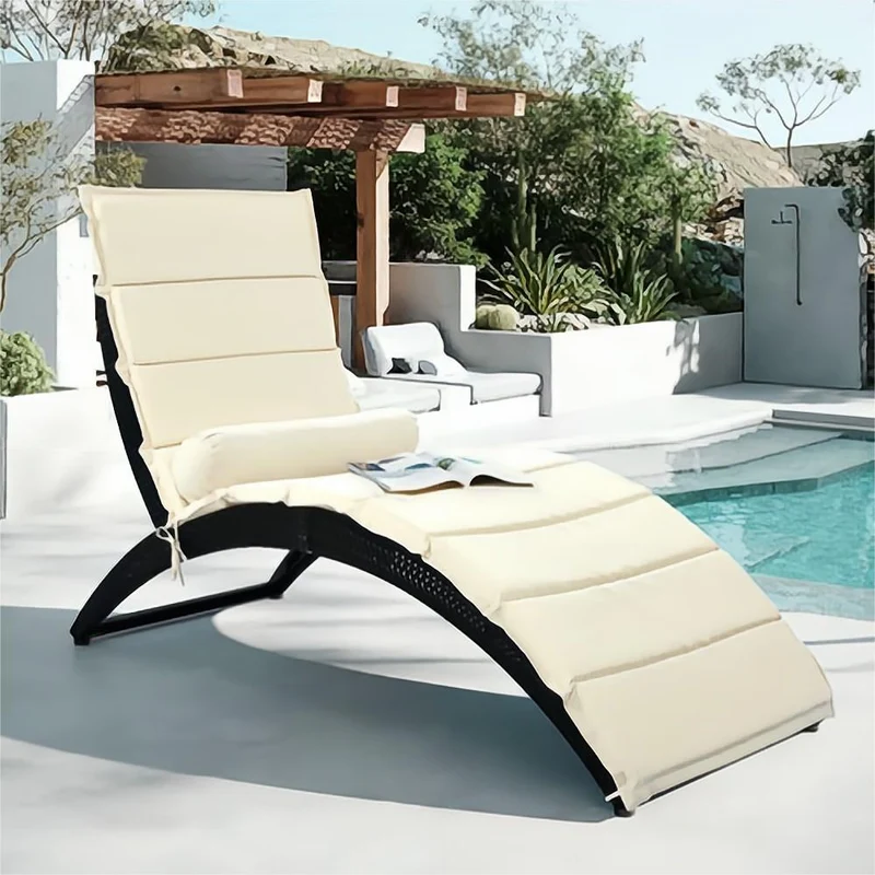 Black Wicker Outdoor Patio Sun Foldable Chaise Lounger with Beige Removable Cushion and Pillow