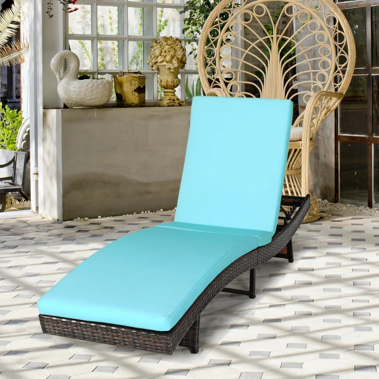 Brown Wicker Outdoor Chaise Lounge with Turquoise Cushions