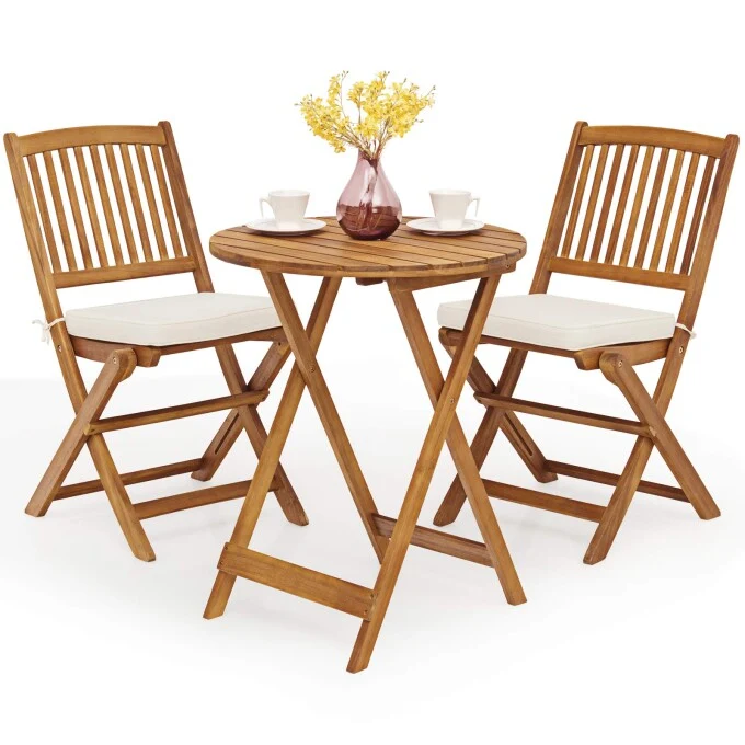 Brown 3-Piece Folding Wooden Outdoor Bistro Set with Cream Cushions