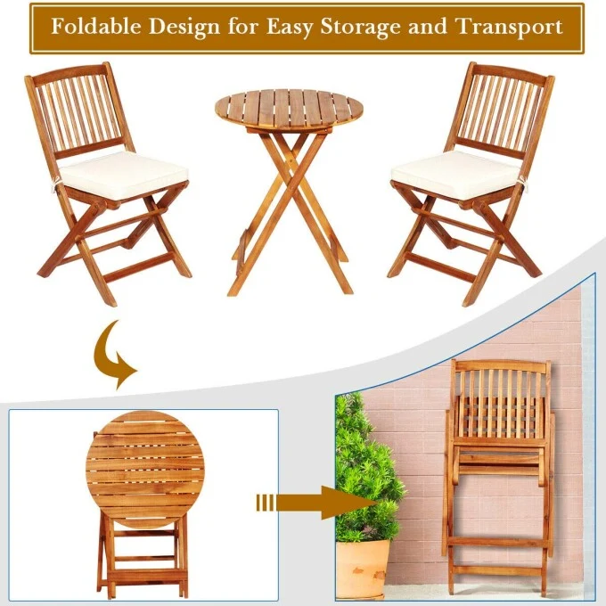 Brown 3-Piece Folding Wooden Outdoor Bistro Set with Cream Cushions