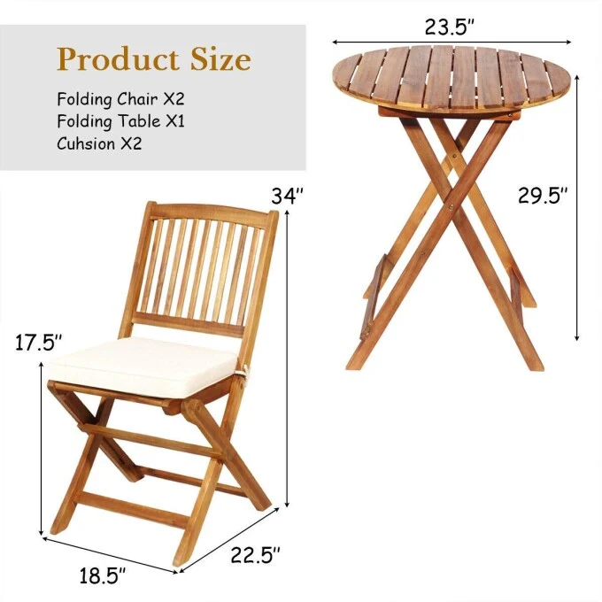 Brown 3-Piece Folding Wooden Outdoor Bistro Set with Cream Cushions