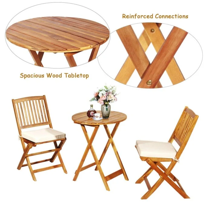 Brown 3-Piece Folding Wooden Outdoor Bistro Set with Cream Cushions