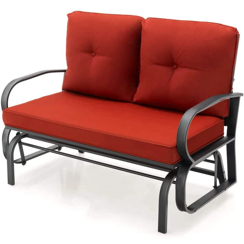 Black Metal 2-Person Outdoor Patio Glider with Red Cushions