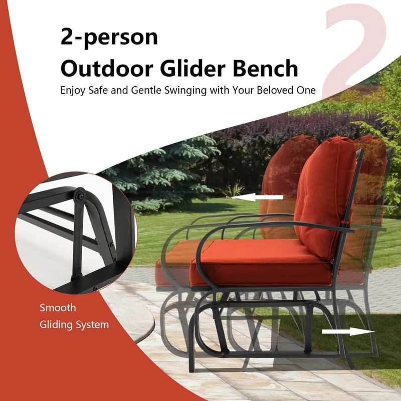 Black Metal 2-Person Outdoor Patio Glider with Red Cushions