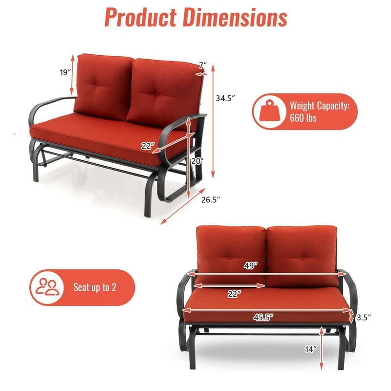 Black Metal 2-Person Outdoor Patio Glider with Red Cushions