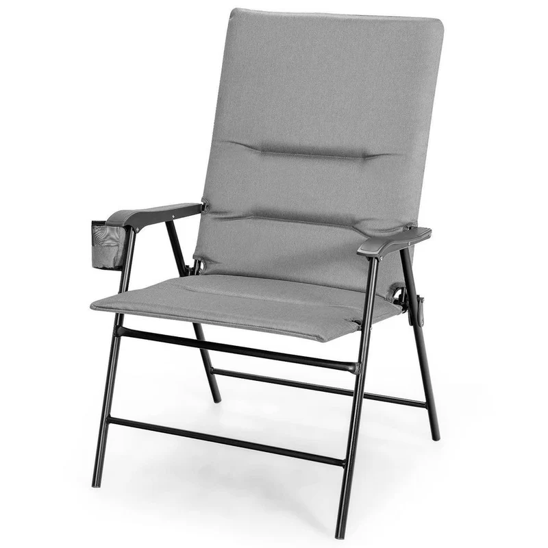 Gray Steel Outdoor Folding Padded Chair Patio Dining Chair with High Backrest and Cup Holder