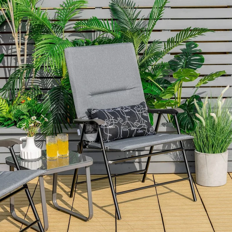 Gray Steel Outdoor Folding Padded Chair Patio Dining Chair with High Backrest and Cup Holder