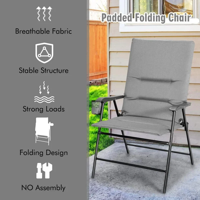 Gray Steel Outdoor Folding Padded Chair Patio Dining Chair with High Backrest and Cup Holder