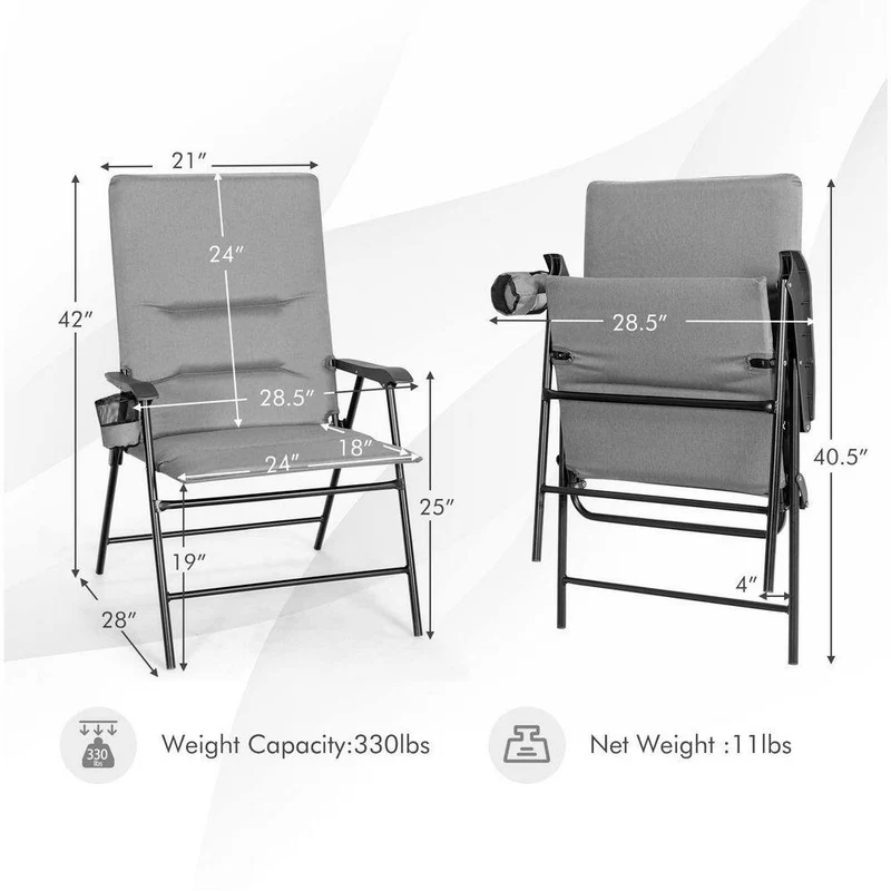 Gray Steel Outdoor Folding Padded Chair Patio Dining Chair with High Backrest and Cup Holder