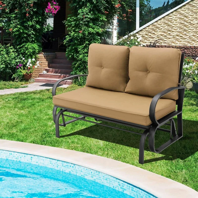 Black Metal 2-Person Outdoor Patio Glider with Beige Cushions