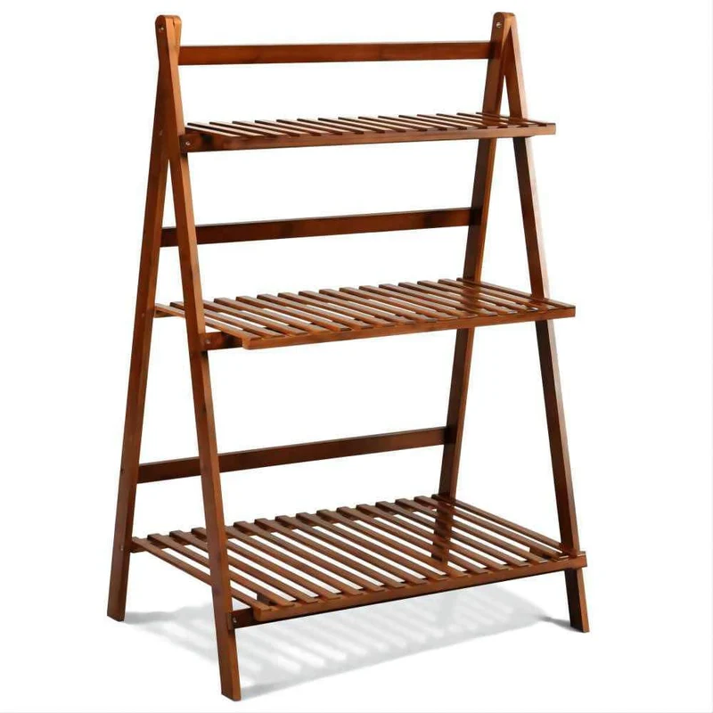 Outdoor Wood 3-Tier Folding Plant Stand Shelf Flower Pot
