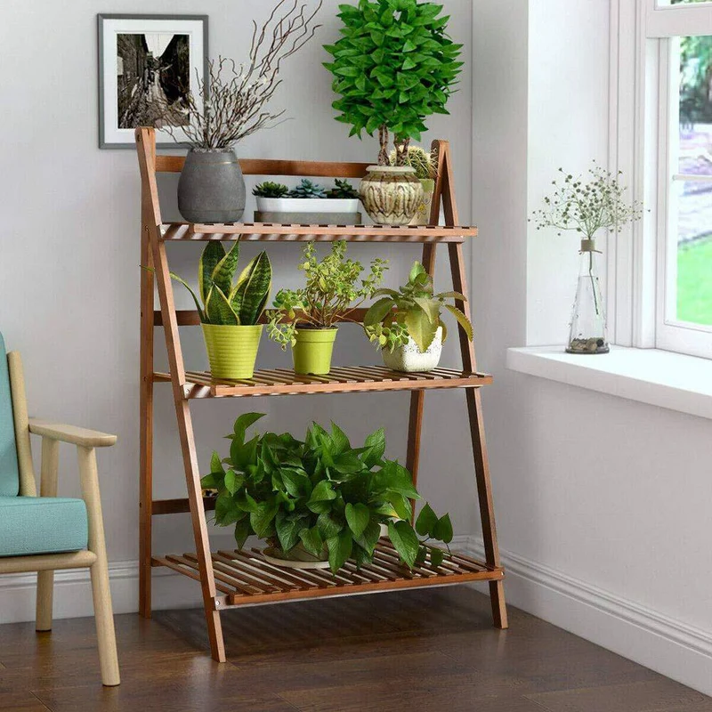 Outdoor Wood 3-Tier Folding Plant Stand Shelf Flower Pot