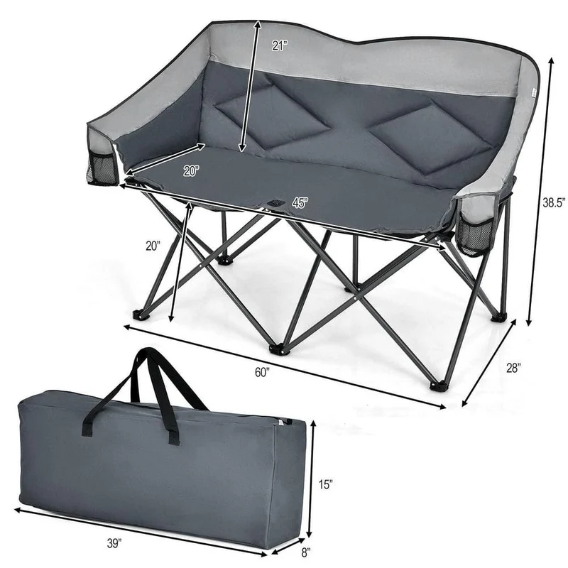 Gray Moon Folding Camping Chair Double Loveseat Heavy-Duty Saucer Chair