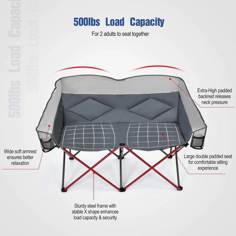 Gray Moon Folding Camping Chair Double Loveseat Heavy-Duty Saucer Chair