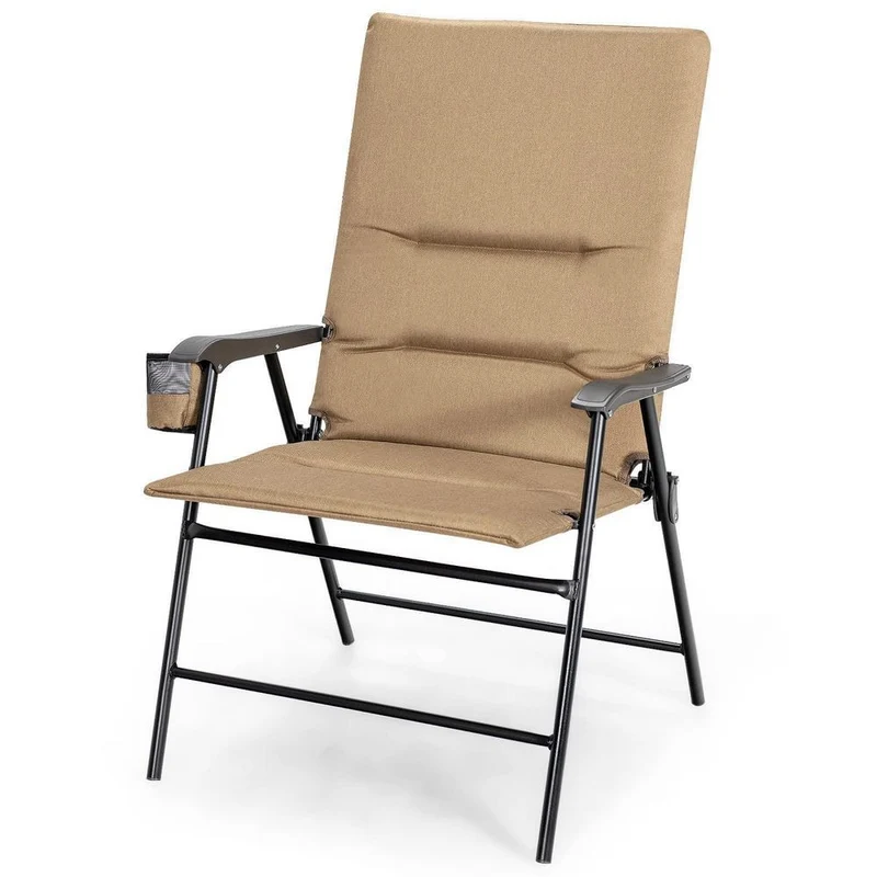 Brown Steel Outdoor Folding Padded Chair Patio Dining Chair with High Backrest and Cup Holder