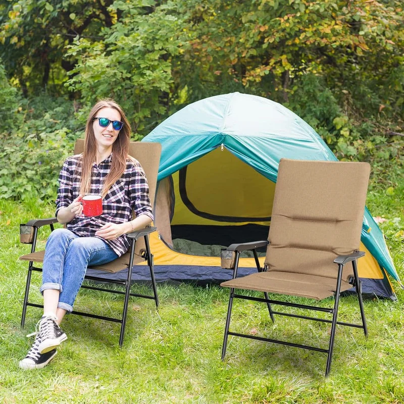 Brown Steel Outdoor Folding Padded Chair Patio Dining Chair with High Backrest and Cup Holder