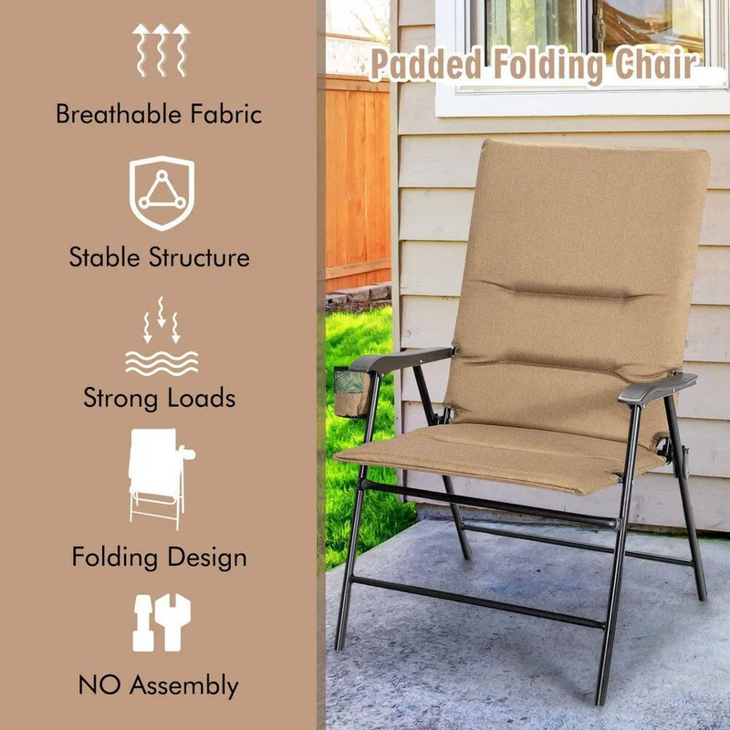Brown Steel Outdoor Folding Padded Chair Patio Dining Chair with High Backrest and Cup Holder