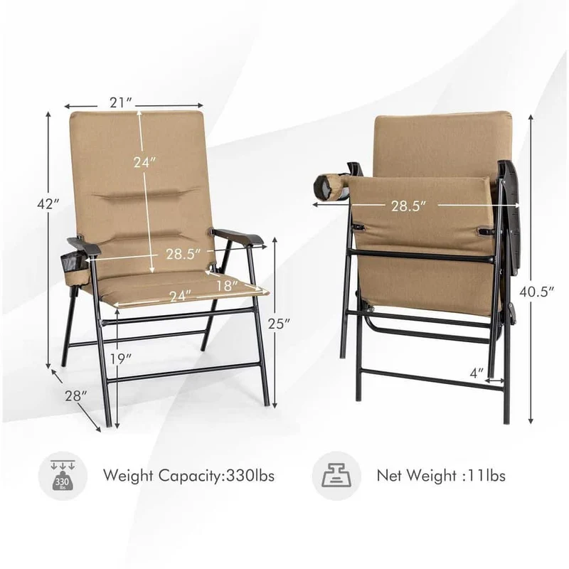 Brown Steel Outdoor Folding Padded Chair Patio Dining Chair with High Backrest and Cup Holder