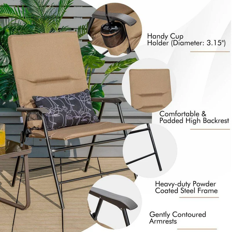 Brown Steel Outdoor Folding Padded Chair Patio Dining Chair with High Backrest and Cup Holder