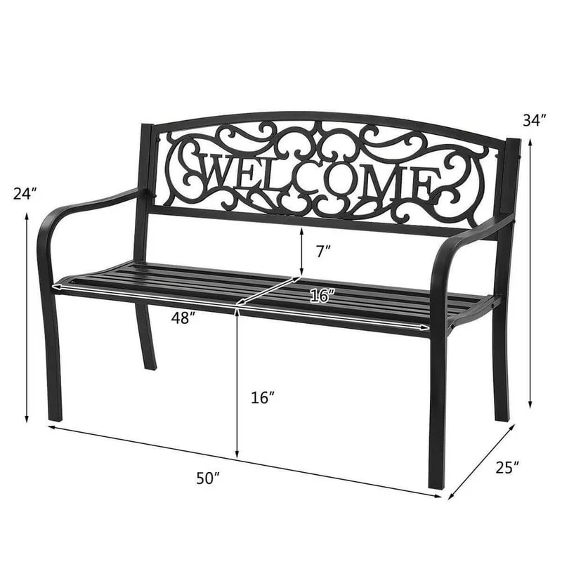 Black Metal Outdoor Patio Bench with Cast Iron Welcome Backrest