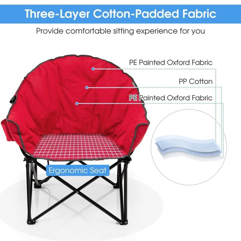 Red Steel Folding Camping Moon Padded Chair with Carry Bag