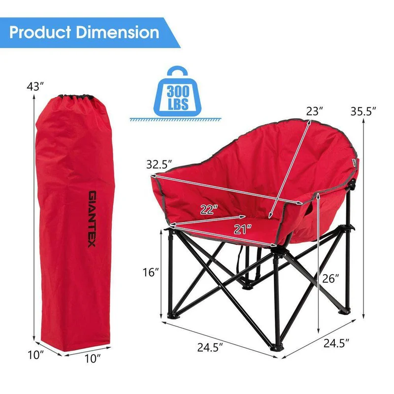Red Steel Folding Camping Moon Padded Chair with Carry Bag