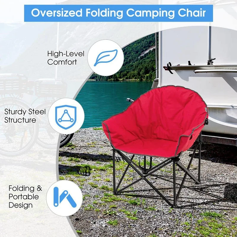 Red Steel Folding Camping Moon Padded Chair with Carry Bag