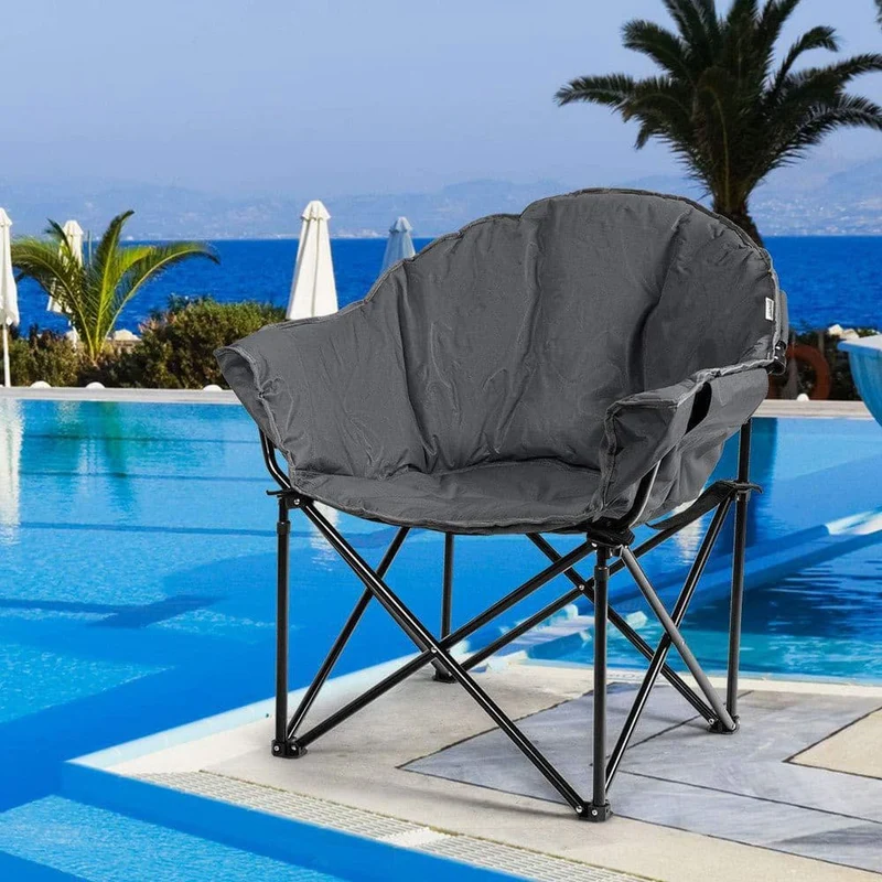 Gray Steel Folding Camping Moon Padded Chair with Carry Bag