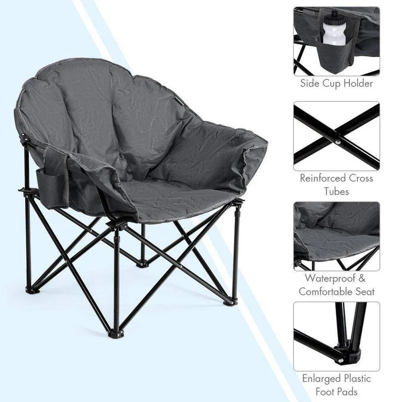 Gray Steel Folding Camping Moon Padded Chair with Carry Bag