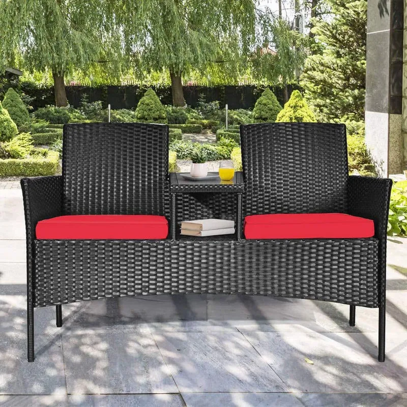 Black Wicker Outdoor Loveseat with Red Cushions and Center Tea Table