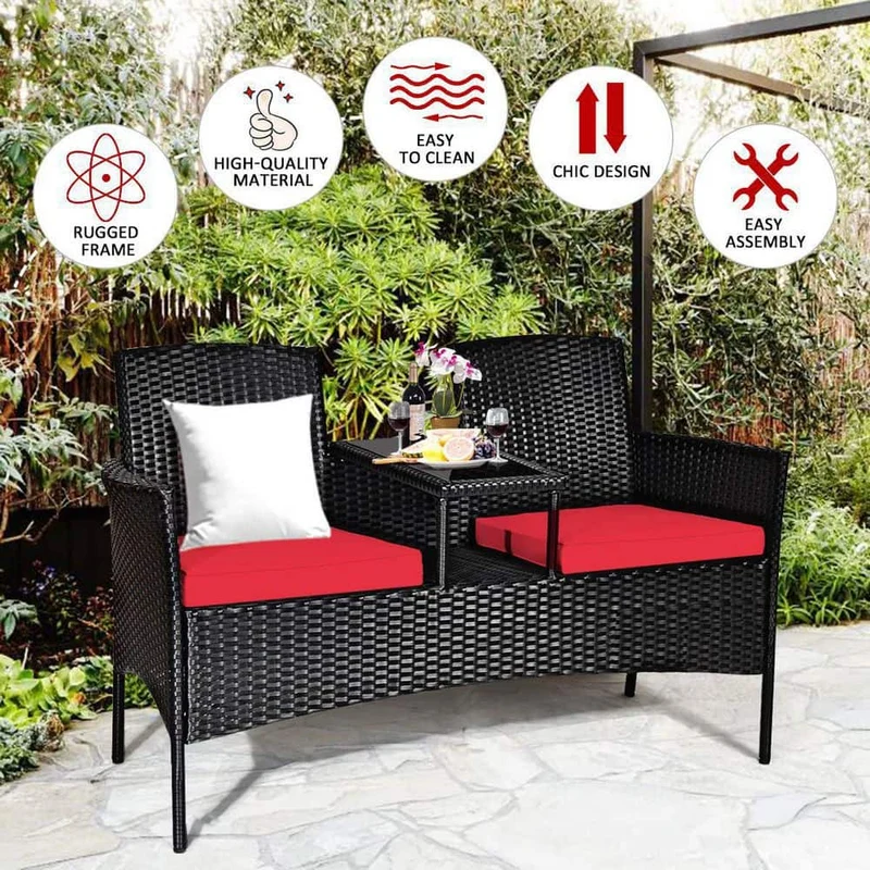 Black Wicker Outdoor Loveseat with Red Cushions and Center Tea Table