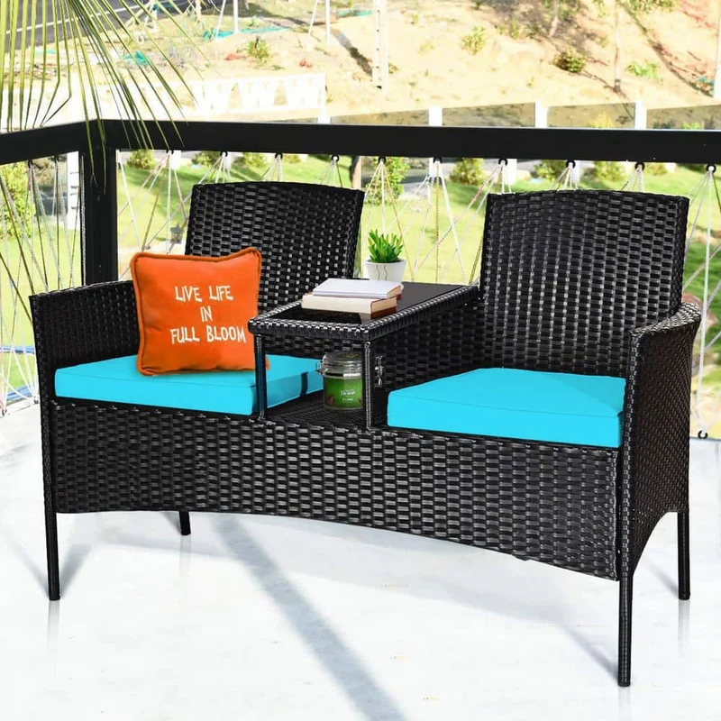 Black Wicker Outdoor Loveseat with Turquoise Cushions and Center Tea Table