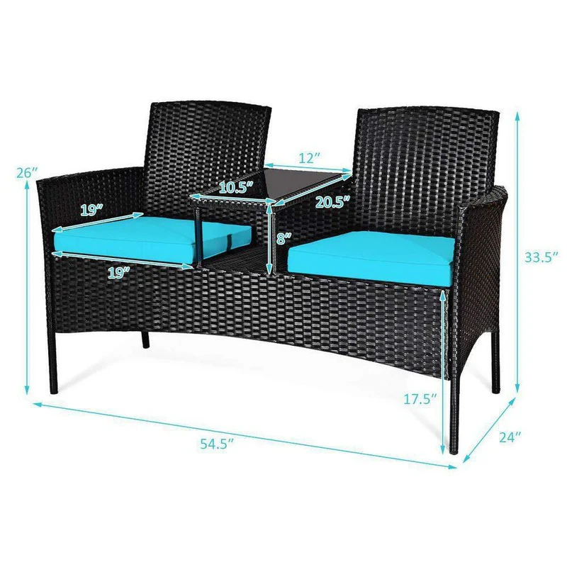 Black Wicker Outdoor Loveseat with Turquoise Cushions and Center Tea Table