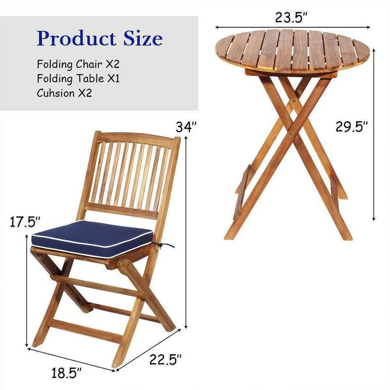Brown 3-Piece Folding Wooden Outdoor Bistro Set with Navy Cushions