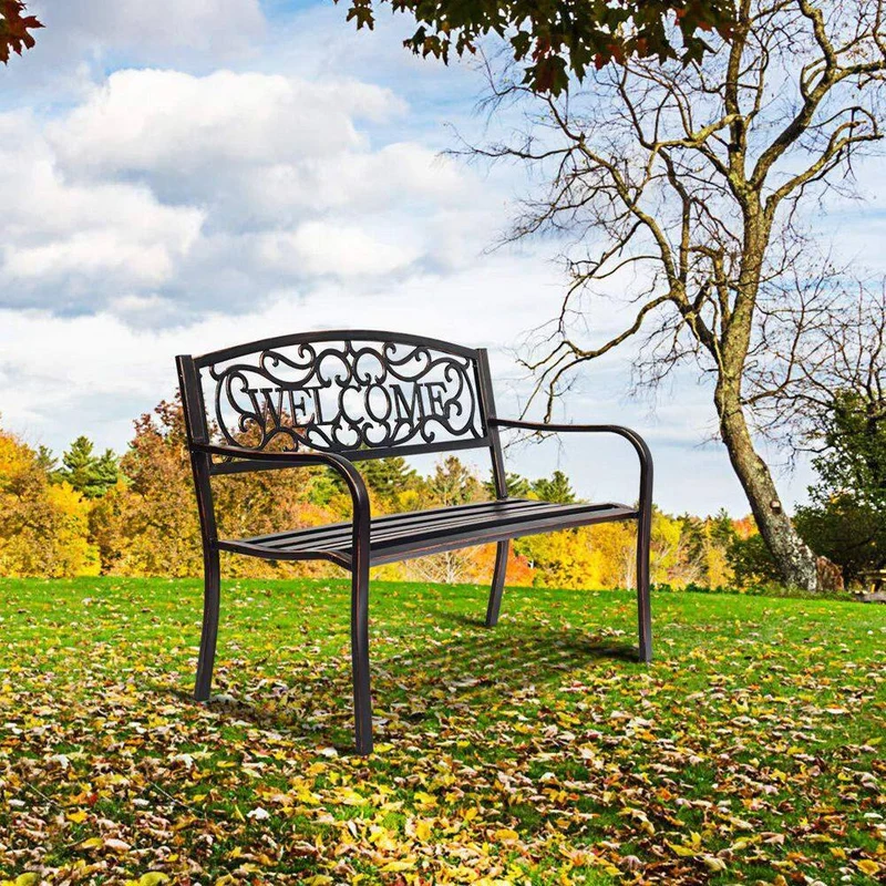 Black Metal Outdoor Patio Bench with Cast Iron Welcome Backrest