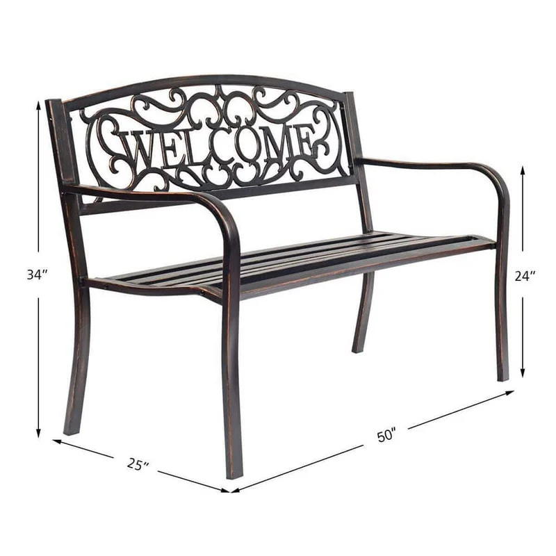 Black Metal Outdoor Patio Bench with Cast Iron Welcome Backrest