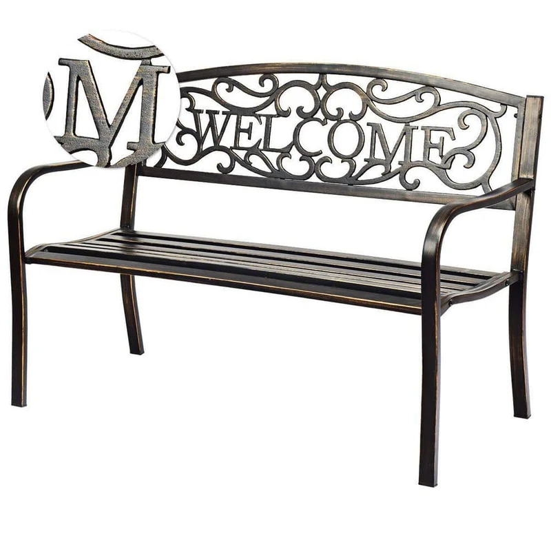 Black Metal Outdoor Patio Bench with Cast Iron Welcome Backrest