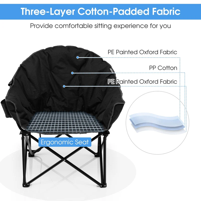 Black Steel Folding Camping Moon Padded Chair with Carry Bag