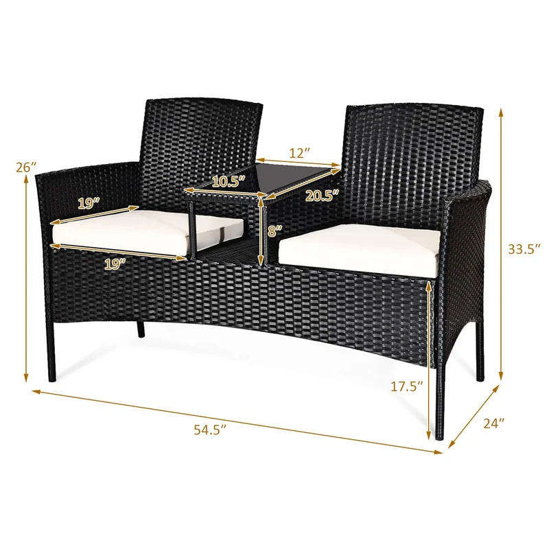 Black Wicker Outdoor Loveseat with White Cushions and Center Tea Table