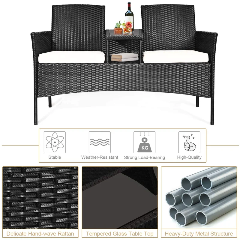 Black Wicker Outdoor Loveseat with White Cushions and Center Tea Table