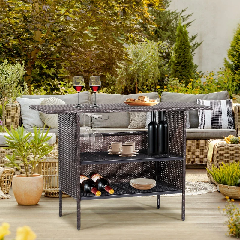Brown Wicker Outdoor Bar with Counter Table Shelves