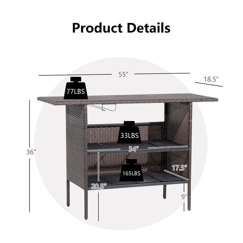 Brown Wicker Outdoor Bar with Counter Table Shelves
