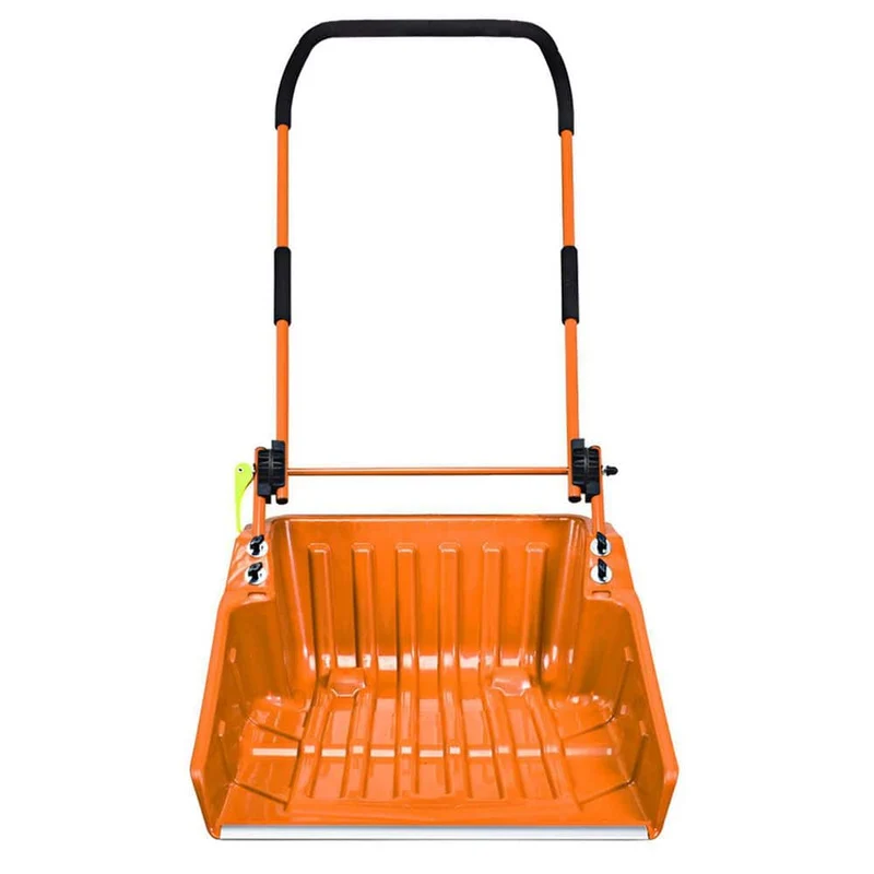 58 in. Orange Steel Handle Plastic Folding Snow Shovel Pusher Scoop with Wheels