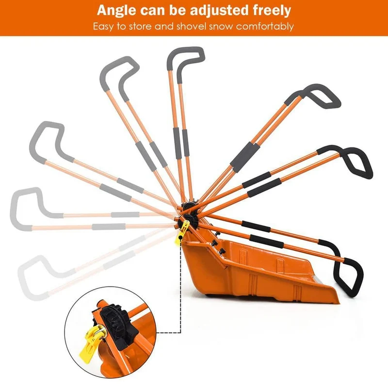 58 in. Orange Steel Handle Plastic Folding Snow Shovel Pusher Scoop with Wheels