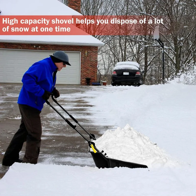 58 in. Black Steel Handle Plastic Folding Snow Shovel Pusher Scoop with Wheels