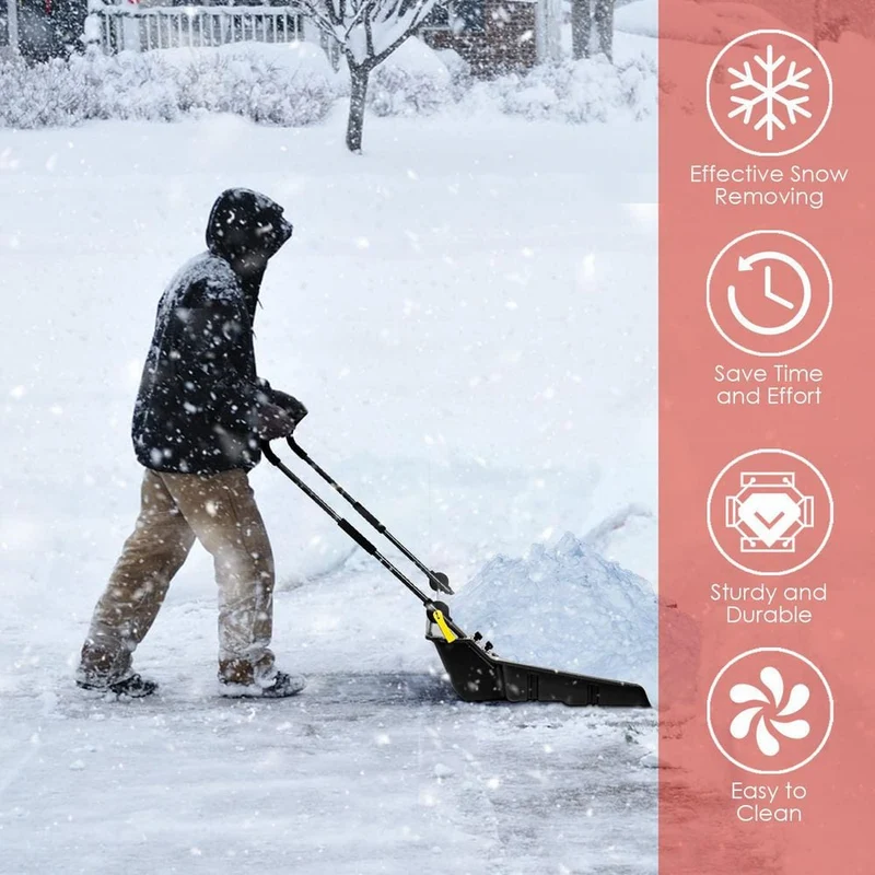 58 in. Black Steel Handle Plastic Folding Snow Shovel Pusher Scoop with Wheels