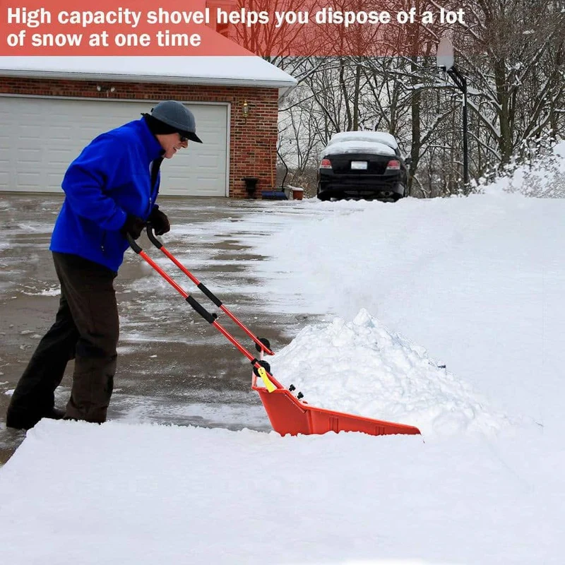58 in. Steel Handle Plastic Folding Snow Shovel Pusher Scoop with Wheels